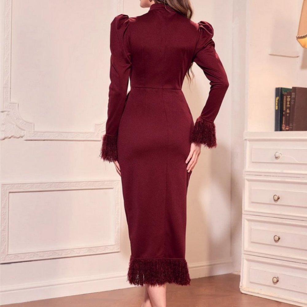 burgundy draped side asymmetrical hem fuzzy trim long sleeve dress chic ele… - Picture 4 of 5